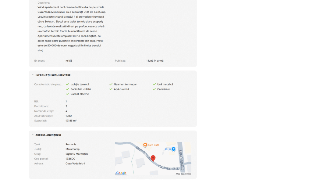 Pagina unui anunț imobiliar pe CSV.RO, afișând galeria foto, prețul, descrierea, detaliile proprietății și harta locației.