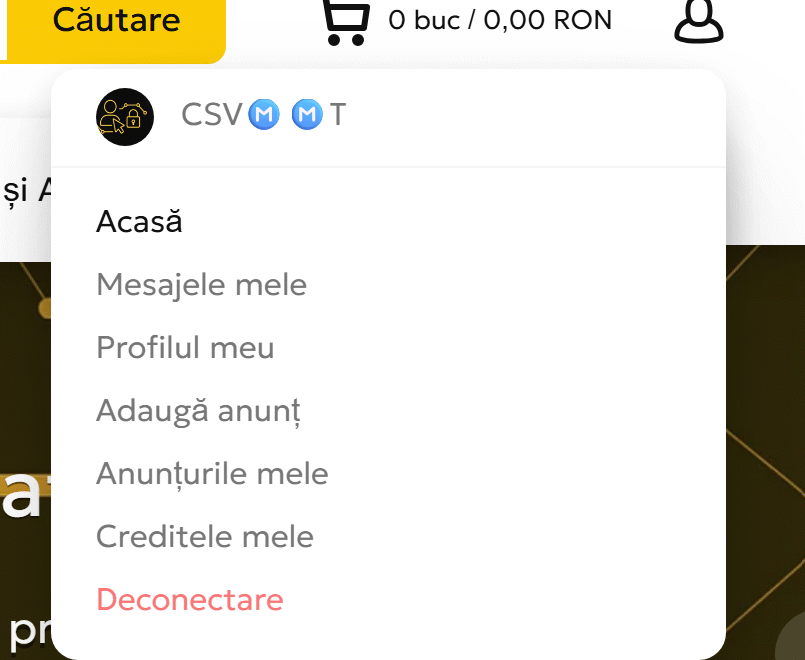 Meniul contului de utilizator pe platforma CSV.RO, cu acces la profil, mesaje, anunțuri și opțiuni de publicare.