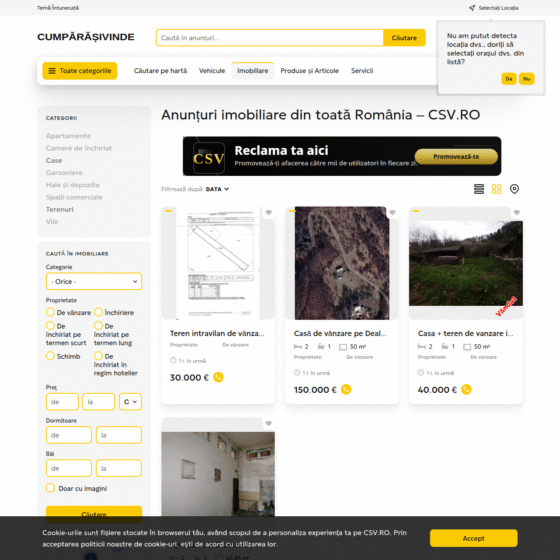 Listă de anunțuri imobiliare pe platforma CSV.RO, cu filtre, categorii și proprietăți afișate.