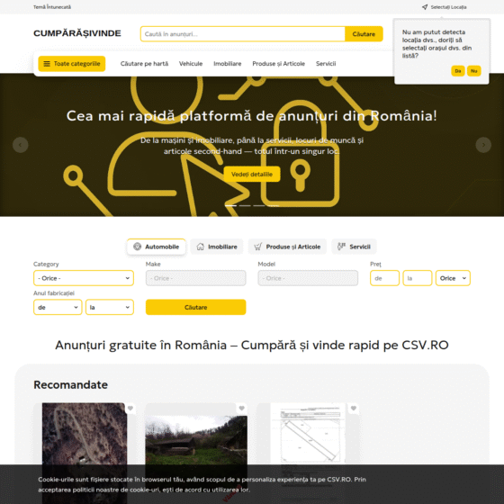 Pagina principală a platformei CSV.RO, afișând categoriile și anunțurile principale.